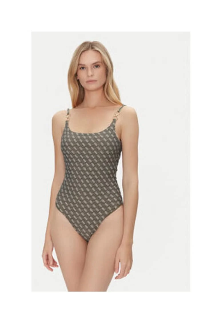 Costum de baie intreg cu imprimeu logo, verde masliniu