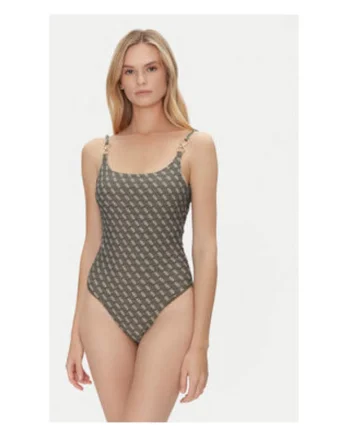 Costum de baie intreg cu imprimeu logo, verde masliniu
