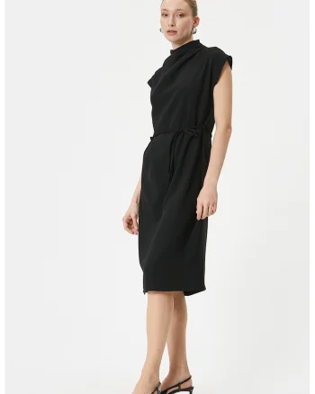 Rochie midi cu cordon in talie, Negru