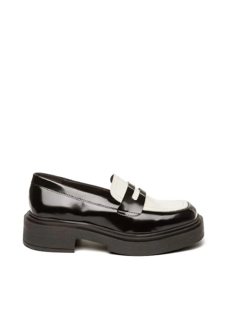 Pantofi loafer de piele ecologica si piele, Negru/Alb murdar