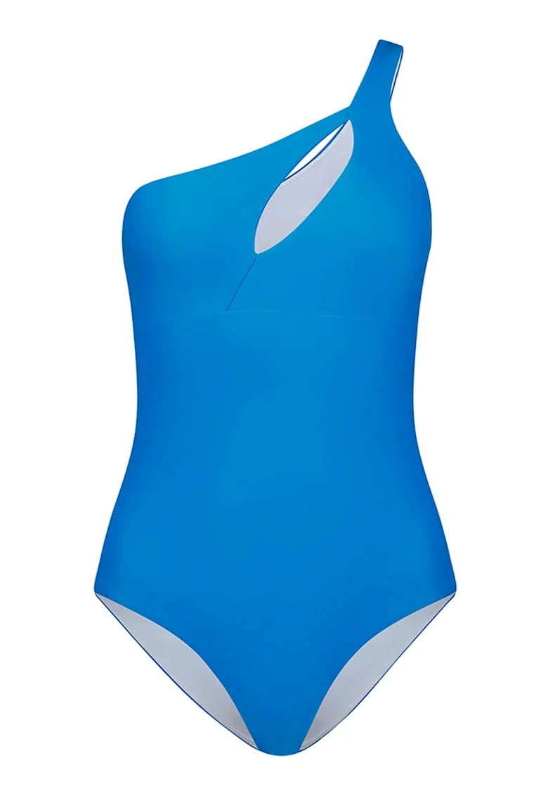 Costum de baie intreg cu decolteu pe un umar si model uni, Albastru royal