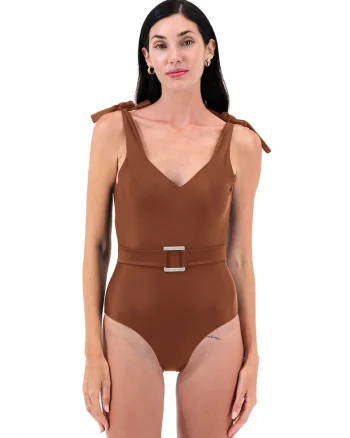 Costum de baie intreg cu o curea asortata, Maro deschis