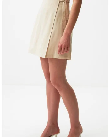 Fusta mini din amestec de in cu talie inalta, Bej deschis