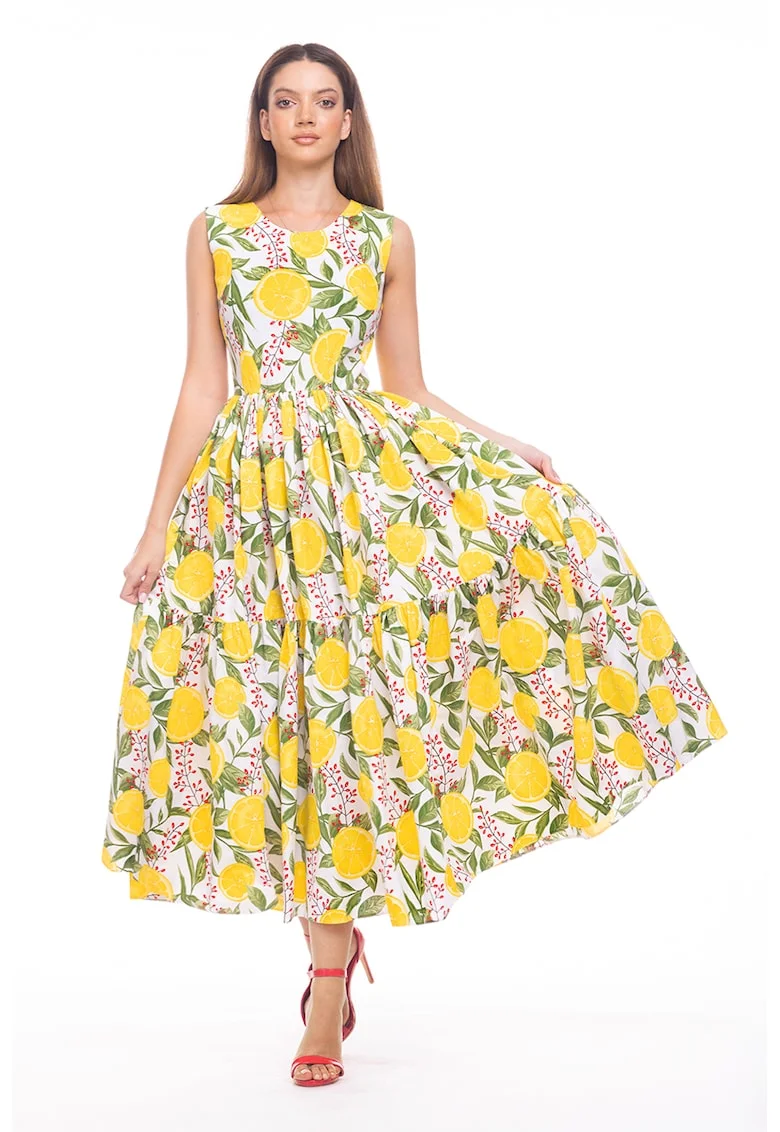 Rochie evazata fara maneci cu buzunare laterale, Rosu/Verde/Galben