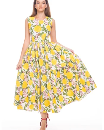 Rochie evazata fara maneci cu buzunare laterale, Rosu/Verde/Galben