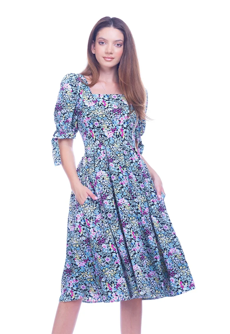 Rochie cu model floral si buzunare laterale, Galben/Roz/Albastru