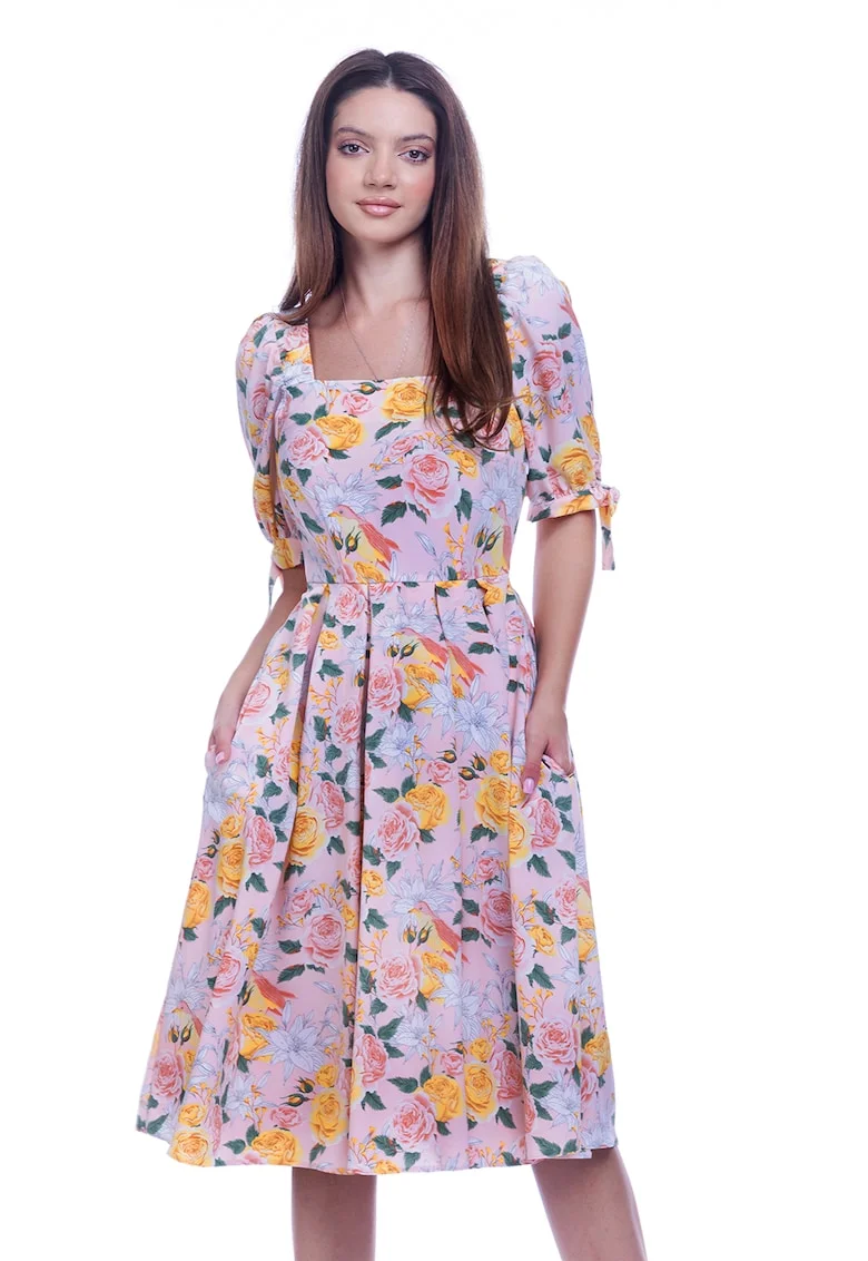 Rochie cu model floral si buzunare laterale, Verde/Galben/Roz