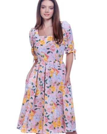 Rochie cu model floral si buzunare laterale, Verde/Galben/Roz