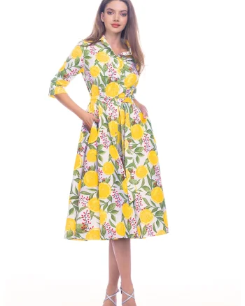 Rochie-camasa evazata cu cordon in talie, Rosu/Verde/Galben