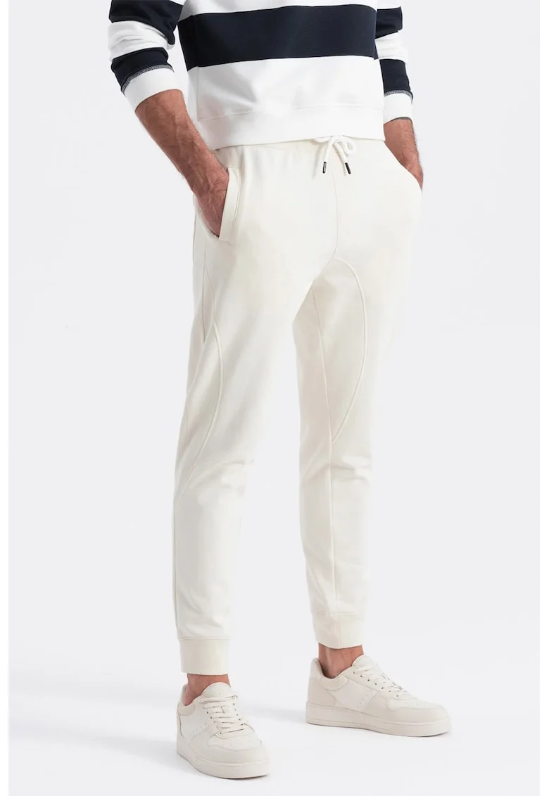 Pantaloni de trening cu croiala conica si snur de ajustare, Alb murdar