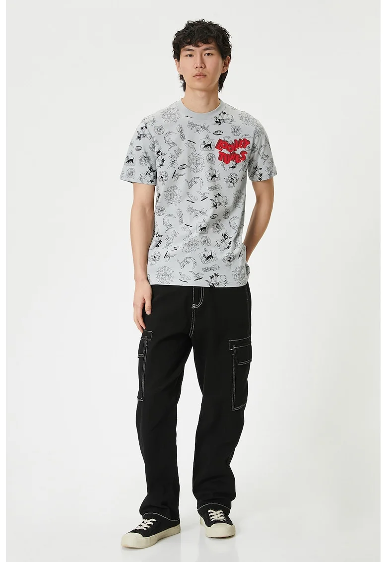 Tricou de bumbac cu imprimeu, Negru/Gri deschis/Rosu vermillion