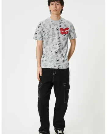 Tricou de bumbac cu imprimeu, Negru/Gri deschis/Rosu vermillion