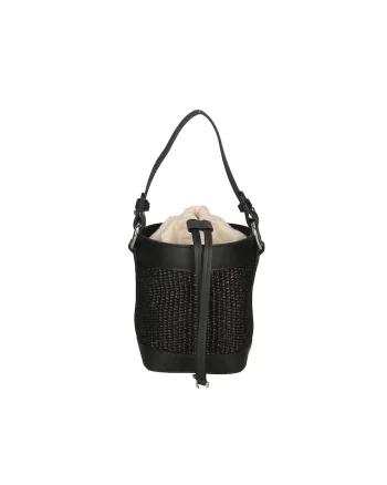 Geanta bucket de paie si piele, Negru