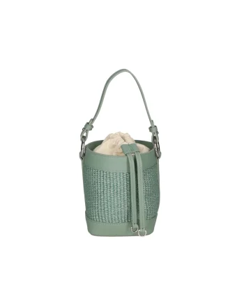Geanta bucket de paie si piele, Verde