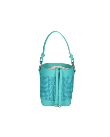 Geanta bucket de paie si piele, Turcoaz