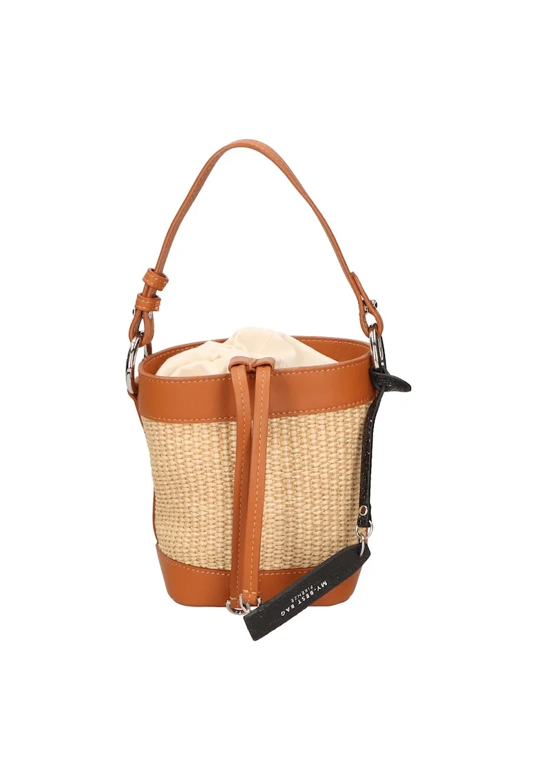 Geanta bucket cu detalii de piele, Maro