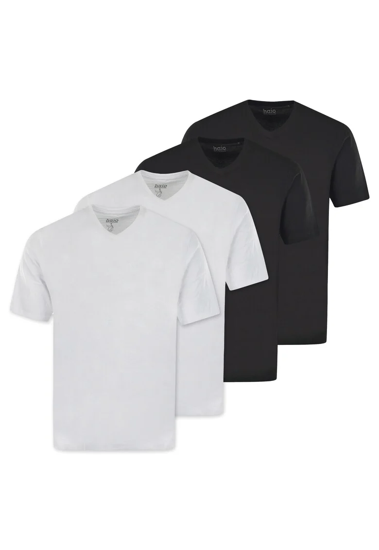 Set de tricouri de bumbac cu decolteu in V - 4 piese, Alb/Negru