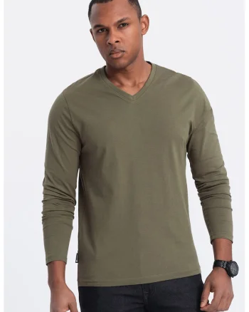 Bluza din bumbac cu decolteu in V, Kaki