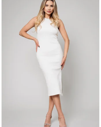 Rochie midi cambrata cu slit lateral Hera, Gri deschis