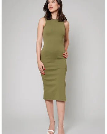Rochie midi cambrata cu slit lateral Hera, Verde masliniu