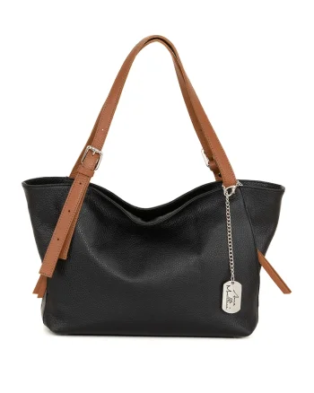 Geanta shopper din piele cu aspect granulat, Negru/Maro scortisoara