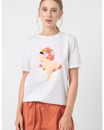 Tricou de bumbac cu imprimeu grafic Sid, Alb/Roz somon/Lila