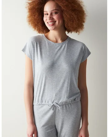 Pijama striata cu model uni, Gri melange