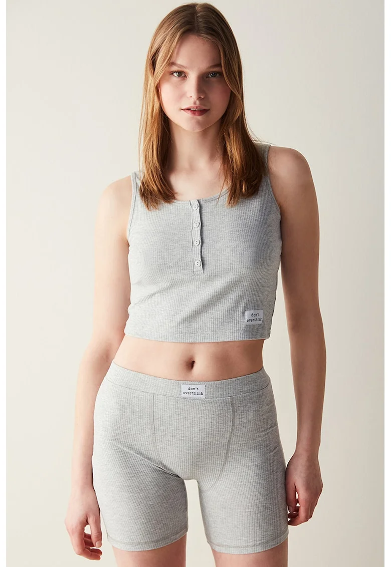 Top de pijama striat cu aplicatie text discreta, Gri melange