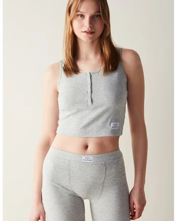 Top de pijama striat cu aplicatie text discreta, Gri melange