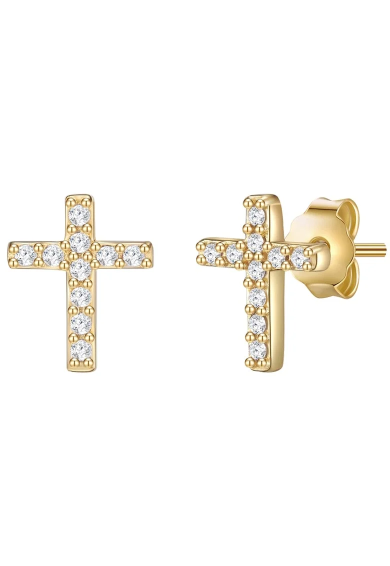 Cercei in forma de cruce, placati cu aur de 14K, cu zirconia, Auriu/Galben
