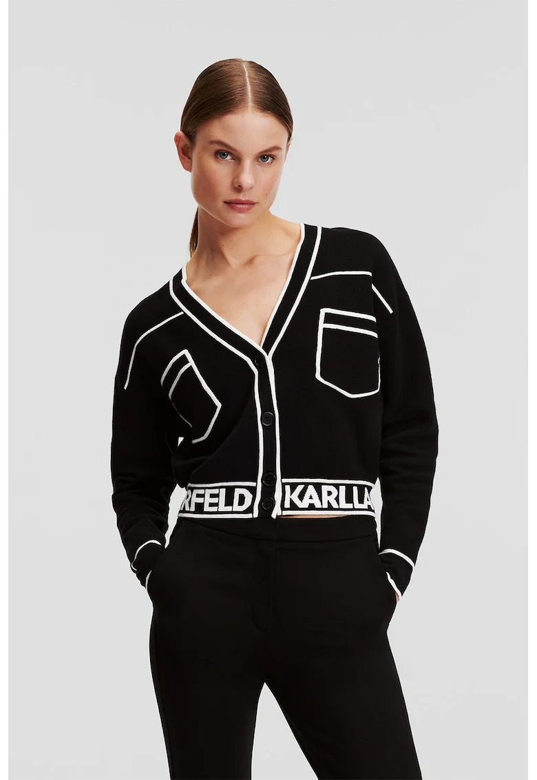 Cardigan crop din amestec de lana, Alb/Negru