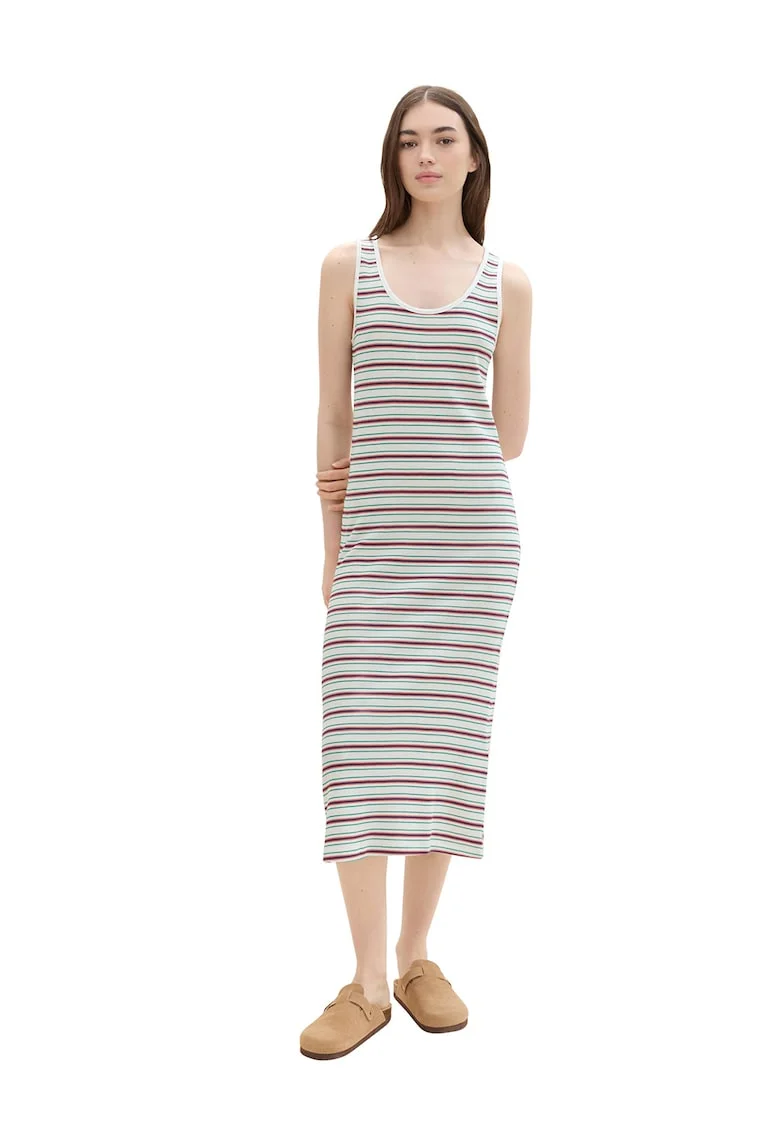 Rochie maxi in dungi, Alb/Verde/Rosu stins