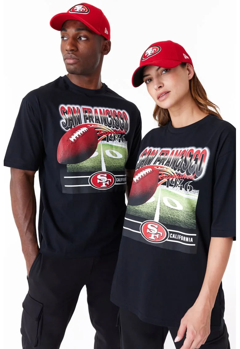 Tricou unisex cu decolteu la baza gatului si imprimeu grafic, Rosu/Negru