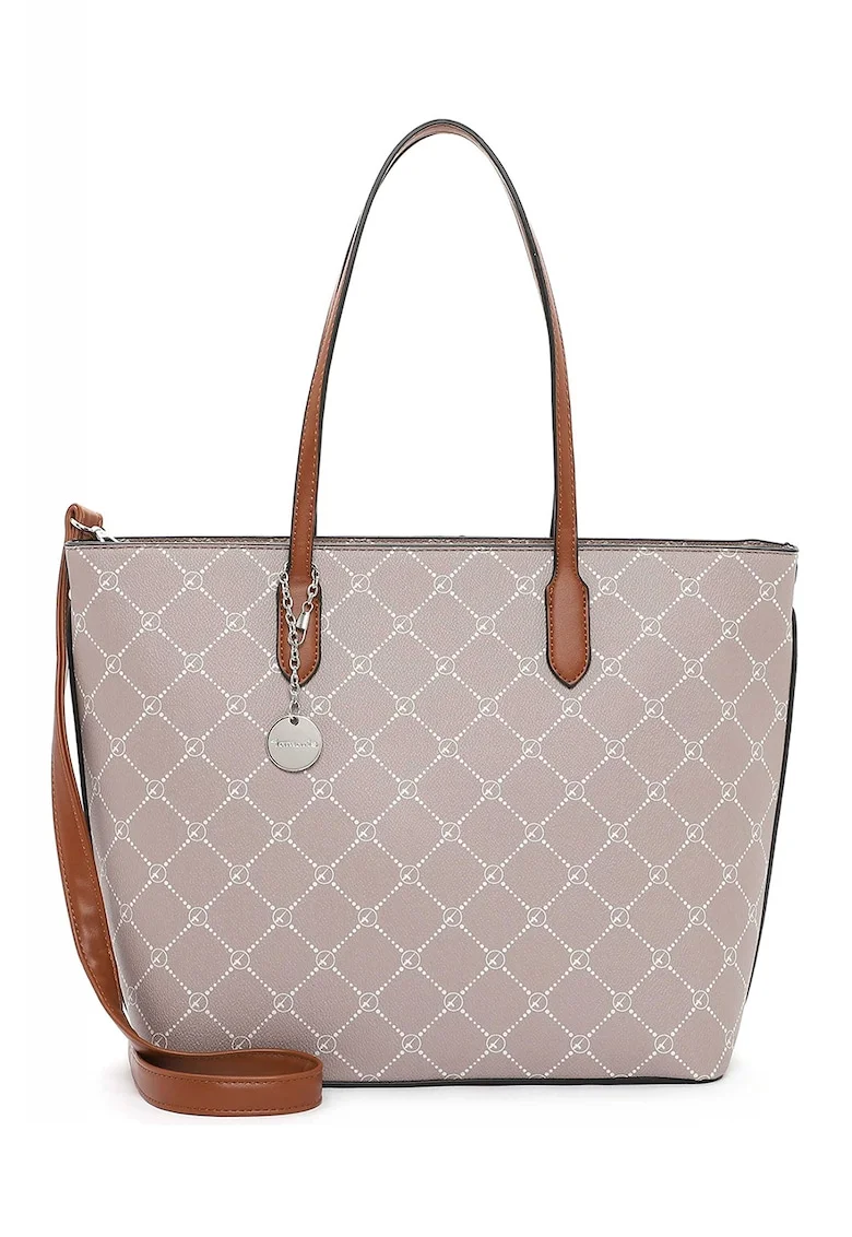 Geanta shopper de piele ecologica cu model logo, Maro taupe deschis