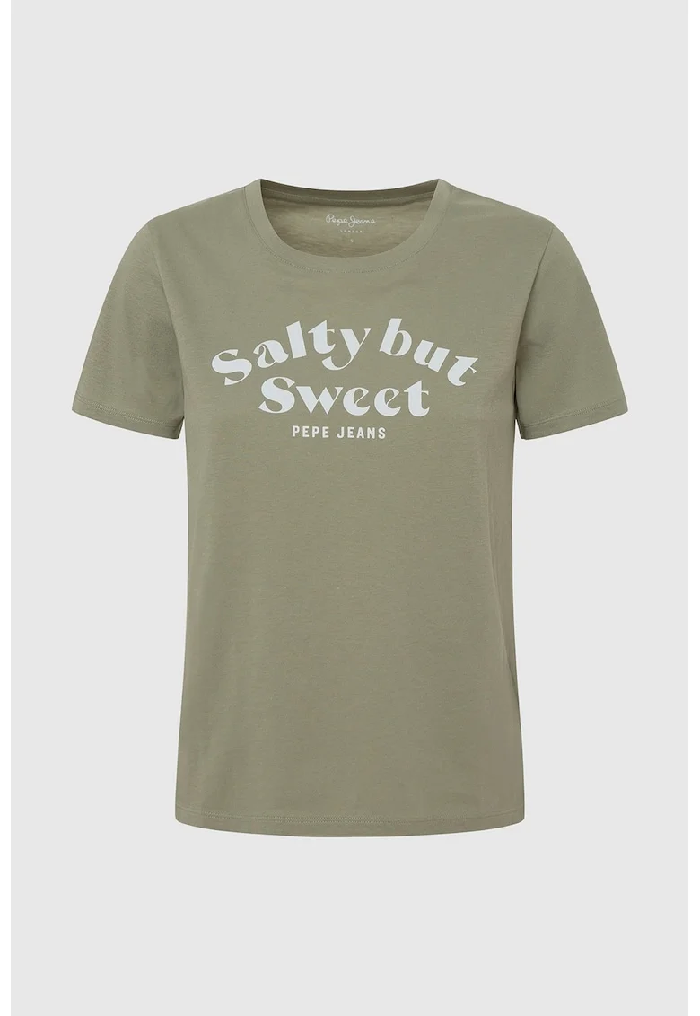 Tricou cu decolteu la baza gatului si imprimeu text Effie, Kaki/Alb murdar