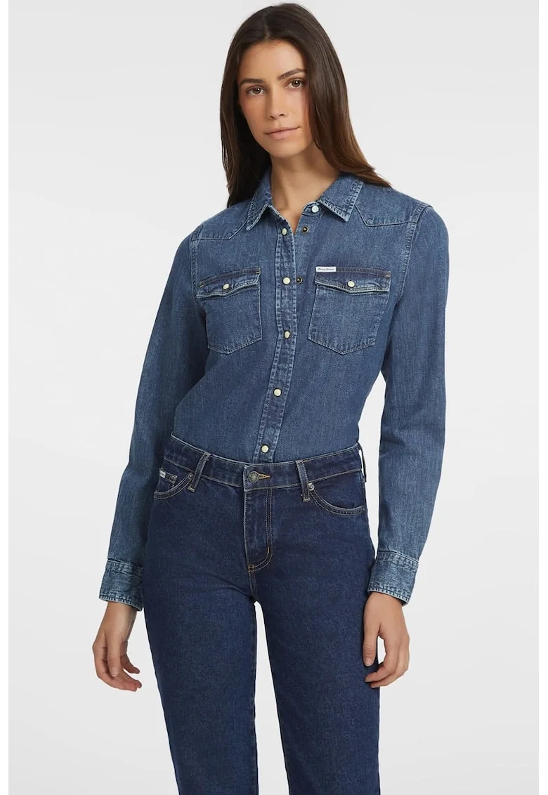 Camasa din denim cu buzunare pe piept, Albastru inchis