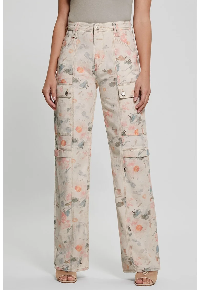 Blugi drepti cu imprimeu floral, Piersica/Albastru deschis/Crem