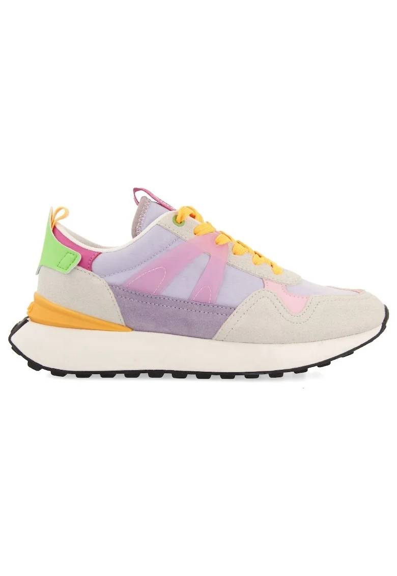 Pantofi sport cu aspect contrastant cu garnituri de piele intoarsa, Bej/Lila