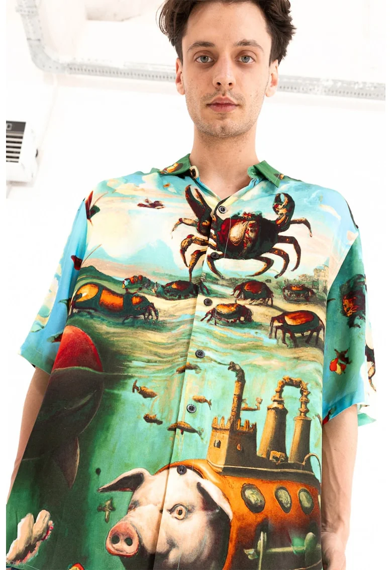 Camasa unisex cu model si maneci medii, Verde/Portocaliu/Albastru