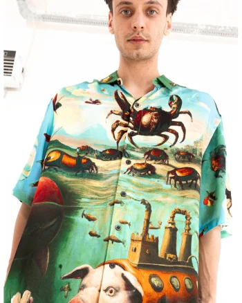 Camasa unisex cu model si maneci medii, Verde/Portocaliu/Albastru