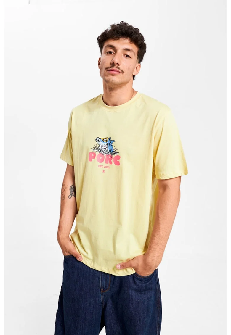 Tricou unisex cu imprimeu logo, Galben pai/Roz/Albastru