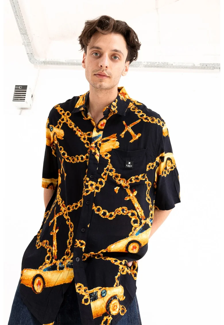 Camasa unisex cu model si maneci medii, Auriu/Negru
