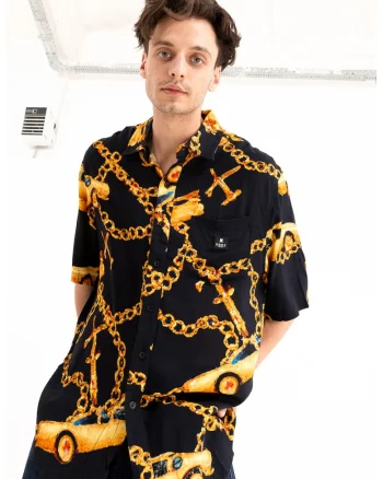 Camasa unisex cu model si maneci medii, Auriu/Negru