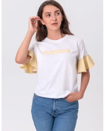 Tricou cu aplicatii text si maneci cu volane, Alb/Portocaliu pal