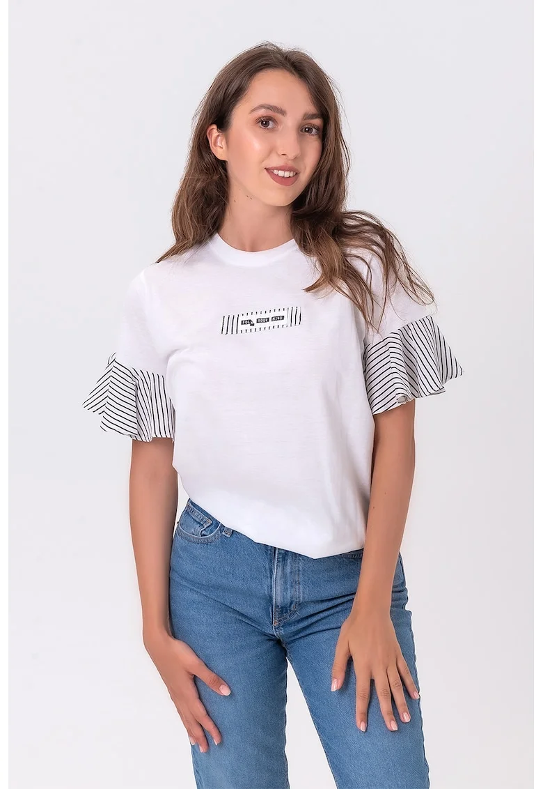 Tricou din amestec de bumbac cu maneci cu volane, Negru/Alb optic