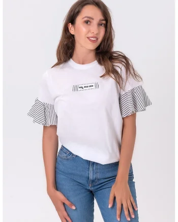 Tricou din amestec de bumbac cu maneci cu volane, Negru/Alb optic