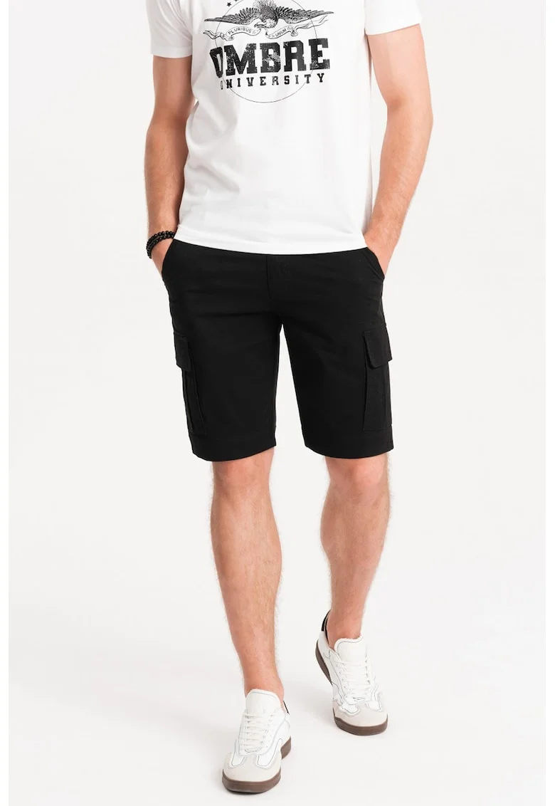 Pantaloni scurti cargo din amestec de bumbac cu buzunare multiple, Negru