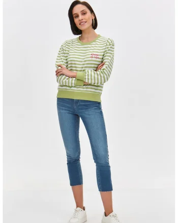 Bluza de trening cu model in dungi si broderie text, Alb/Verde fistic