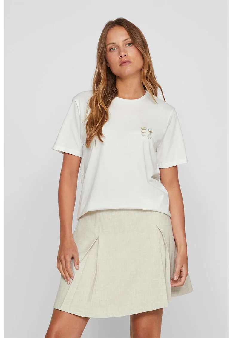 Tricou din bumbac organic cu detalii brodate, Alb optic