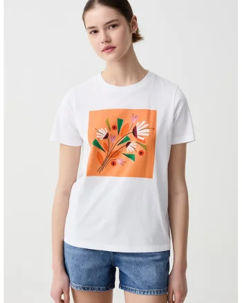 Tricou de bumbac cu imprimeu foto, Alb/Portocaliu